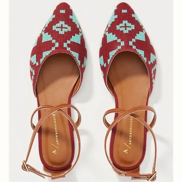 Anthropologie NWB Burgundy Turquoise Geometric Aztec Strappy Flats size 6 - Picture 2 of 11
